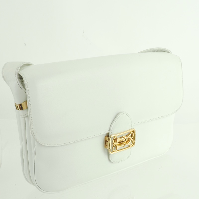 Vintage Celine White Leather Horse Bit Buckle Shoulder Bag - Nina 