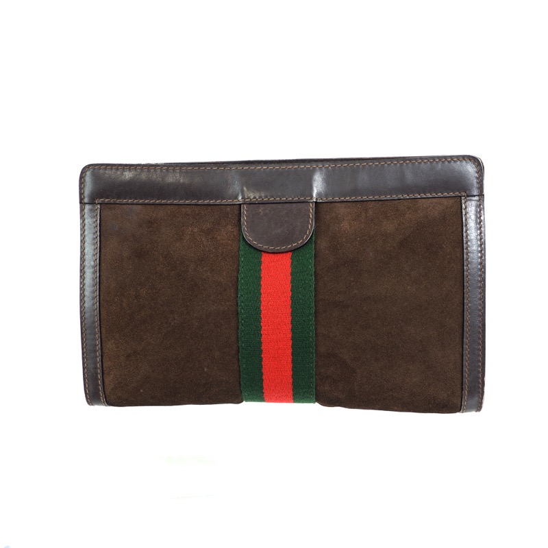 Vintage Gucci Brown Suede Clutch Purse With Red and Green 
