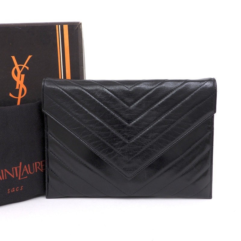 Vintage Yves Saint Laurent Black Leather Chevron Envelope Clutch ...