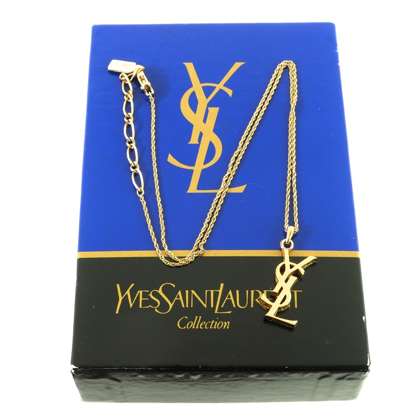 Repurposed Yves Saint Laurent YSL Logo Gold Charm Necklace