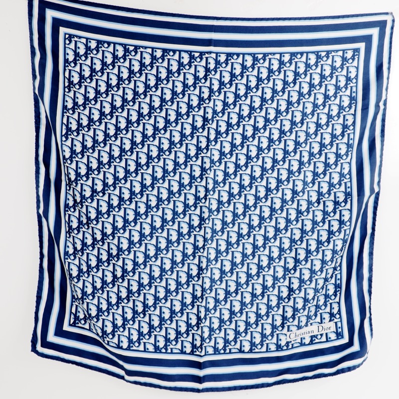 Vintage CHRISTIAN DIOR Silk Ascot Scarf Monogram Trotter Blue Rare