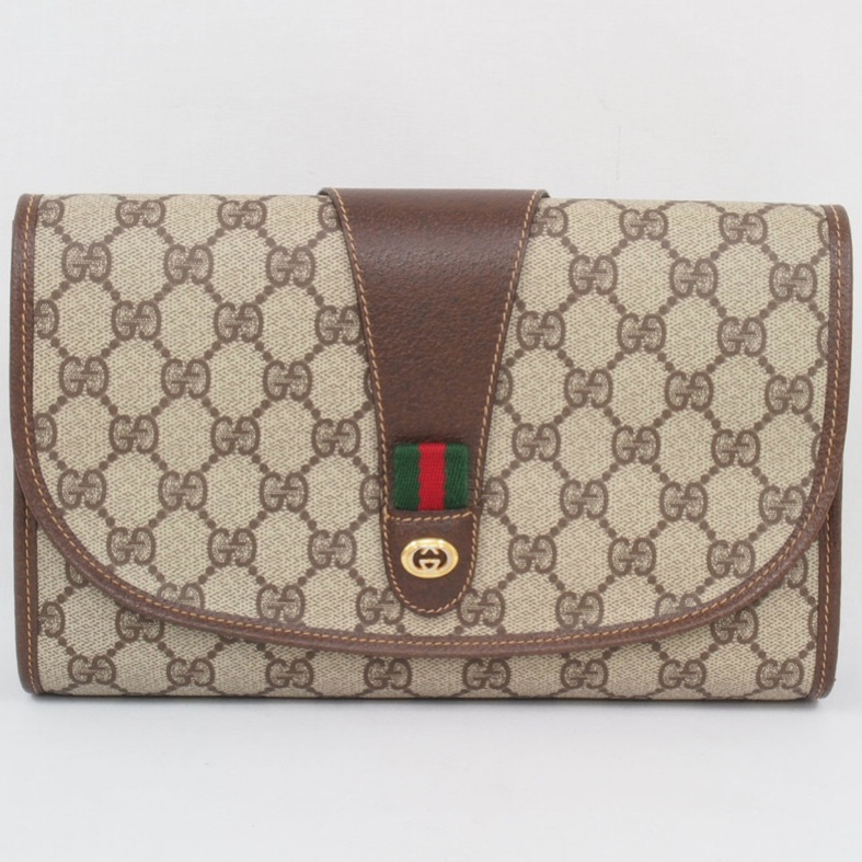 Vintage GUCCI Monogram Clutch Bag Beige Red Green Ribbon GG Logo Purse Mint